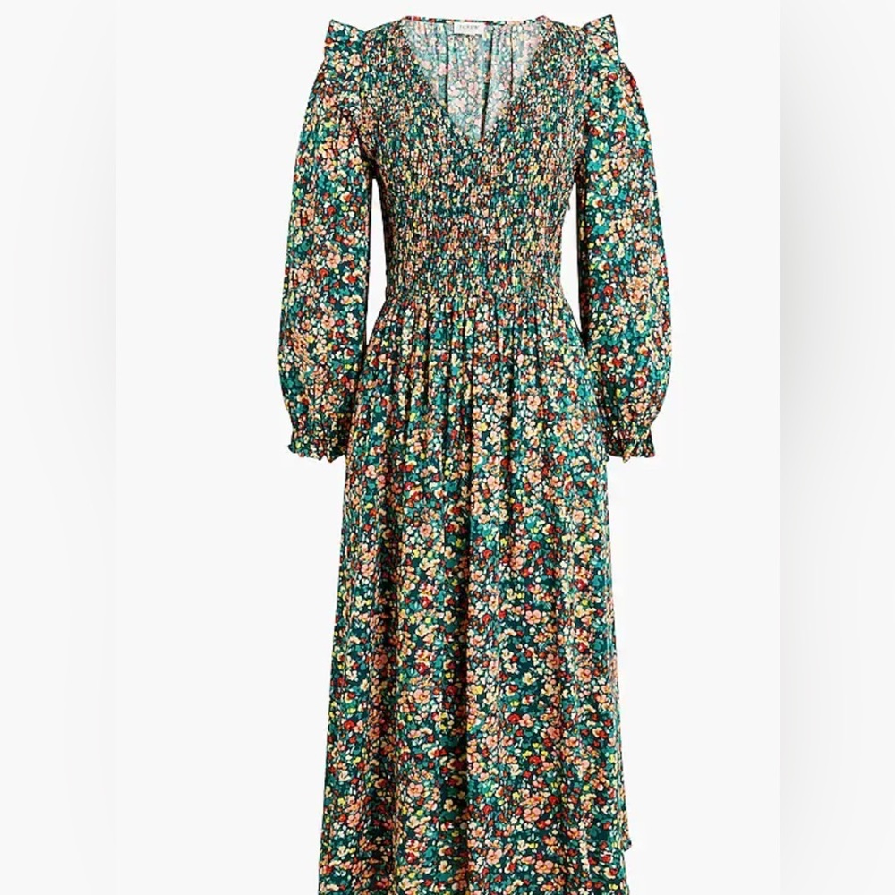 J.Crew Factory V-neck Smocked Floral Green Midi Dress Size PXXS